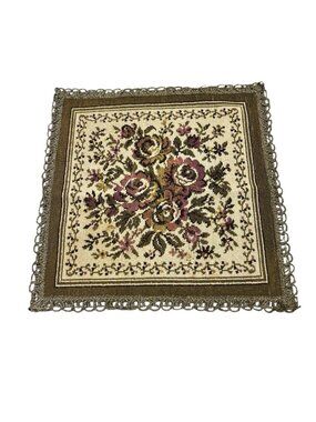 Vintage Floral Botanical Needlepoint Square Centerpiece Table Decor Slovak